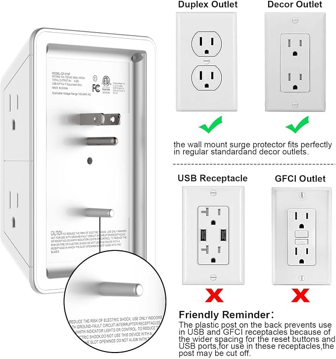 Outlet Extender, Surge Protector Outlet with 5-Multi Plug Outlet and 4 USB Ports(2 USB C), 3-Sided 1680J Power Strip Wall Charger, Multiple-Plug Outlet Splitter for Home Travel Office,ETL Listed,White