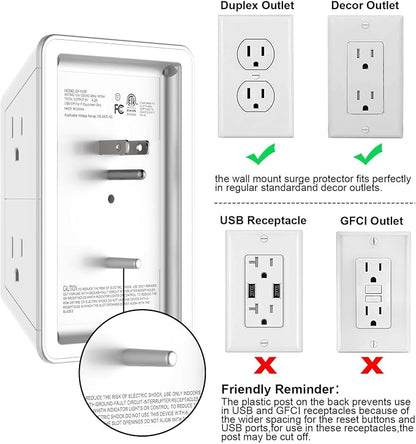 Outlet Extender, Surge Protector Outlet with 5-Multi Plug Outlet and 4 USB Ports(2 USB C), 3-Sided 1680J Power Strip Wall Charger, Multiple-Plug Outlet Splitter for Home Travel Office,ETL Listed,White