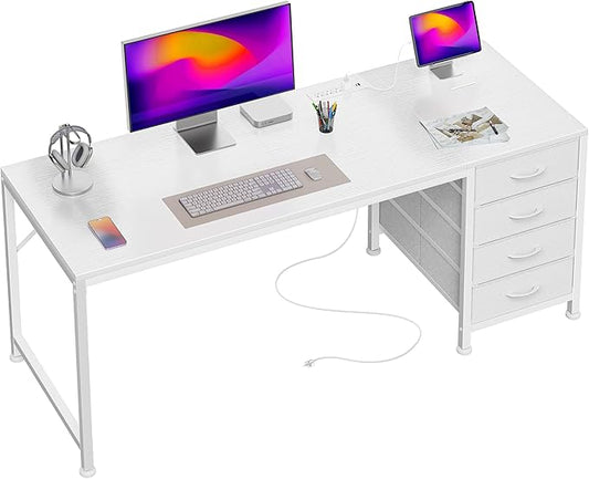 PRAISUN 55.1 Inch Computer Office Desk with Power Outelts and USB-C Port, Reversible Gaming Desk with 4 Fabric Drawers, Work Study Desk Work from Home, White