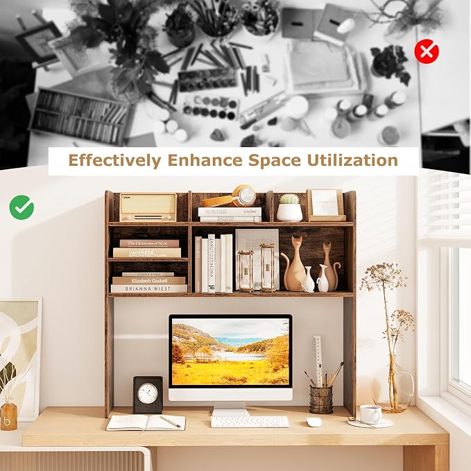GOFLAME 6 Shelves Desktop Bookshelf, 37” Desk Hutch Dorm for Computer Monitor Up to 32”, 3-Tier Countertop Display Rack, Wood Desk Storage Organizer Shelf for Home Office, Study, Rustic Brown
