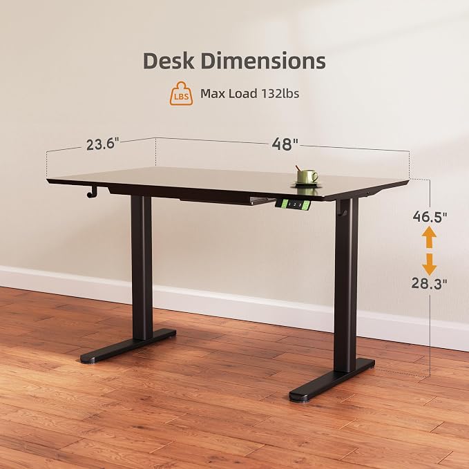 INNOVAR Glass Standing Desk with Drawers, 48×24 Inch Adjustable Stand Up Desk, Quick Install Home Office Computer Desk, Black