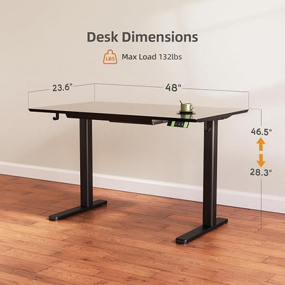 INNOVAR Glass Standing Desk with Drawers, 48×24 Inch Adjustable Stand Up Desk, Quick Install Home Office Computer Desk, Black