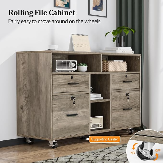 VINGLI Wide 4 Drawer File Cabinet with Lock, Rustic Grey Rolling File Cabinet with Open Shelves, Lockable Printer Stand, Letter Sized