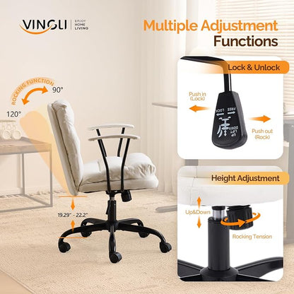 VINGLI Padded White Desk Chair with/No Wheels,Dual-Base,Removable Armrests,Adjustable Comfy Rolling Swivel Computer Task Nail Tech Chair for Home Office,Sewing,Makeup Vanity,Teen,Linen Fabric
