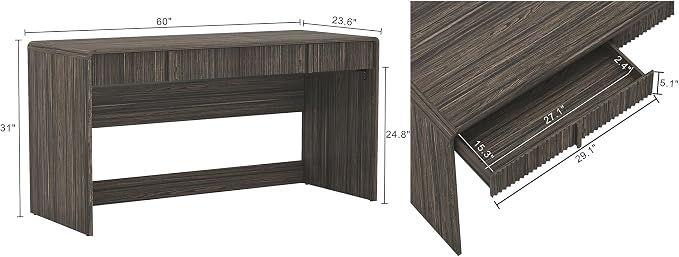 Manhattan Comfort Novara Modern 60" Writing Desk with 2 Smooth-Glide Drawers with Fluted Fronts, Office Desk with Large Work Surface, Stylish Rounded Edges, Jacobean Walnut