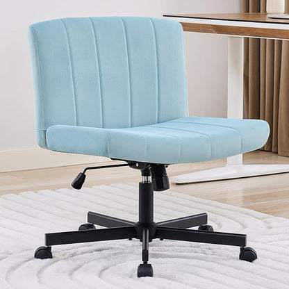 amseatec Criss Cross Chair, Wide Cross Legged Desk Chair with Wheels, Comfy Fabric Vanity Chair for Home Office, Adjustable Armless Swivel Task Chair with 90–115°Tilt（300Lbs/Blue）