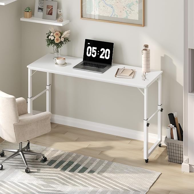 MAHANCRIS Overbed Table with Wheels, Mobile Bed Desk for Queen Size, 36"-43.5" Adjustable Height Rolling Table, Recliner Desk, Mobile Cross Bed for Bedroom, Living Room, Office, White MTWT18001
