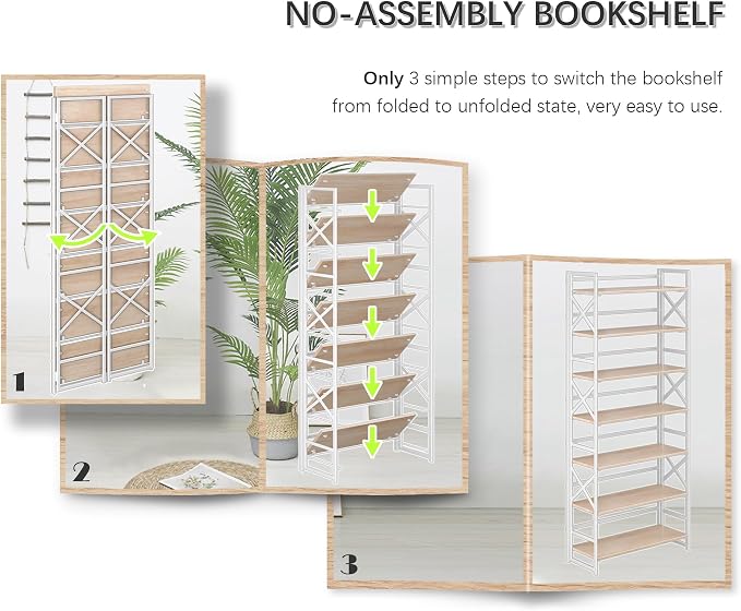 4NM 7 Tiers No Assembly Book Shelves, 72.4" H Folding Bookshelf Bookcase Open Industrial Foldable Shelves for Bedroom, Living Room, Home Office - Natural White