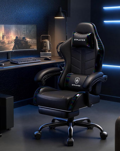 GTPLAYER Gaming Chair with Footrest, Computer Gaming Chair for Adults, Height Adjustable Gamer Chair with 90-155° Recline & Removable Headrest Lumbar Support, 01 Iridescent Black