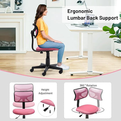Small Mesh Desk Chair, Armless Low-Back Student Study Task Chair Ergonomic Sylish Swivel Adjustable Rolling Seating for Small Spaces Home Office Bedroom Study, Pink