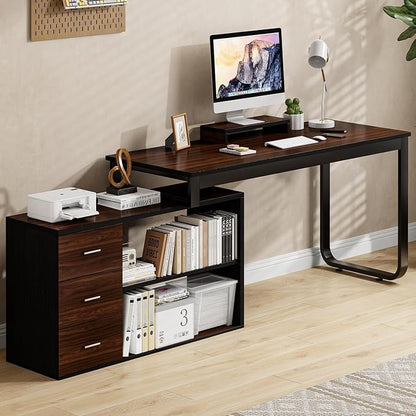 MaverickFurni 55" L Shaped Desk with Drawers and Shelves, Home Office Desk with Monitor Stand for Work Writing Study, Reversible Corner Desk with Storage, Black