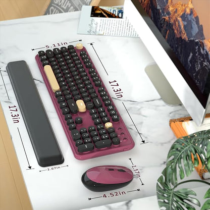 Colorful Wireless Keyboard and Mouse Combo, Retro Typewriter Style Round Keys, 2.4GHz Ergonomic Aesthetic Computer Keyboard with Wrist Rest for Mac, Windows, Laptop, PC(Claret-Red)