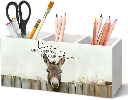Donkey Gifts Pen Holder for Desk, Rustic Donkey Decor Pencil Organizer, Live Like Someone Left The Gate Open Farm Animal Wooden Pen Holder Desk Accessories Decor for Home Office