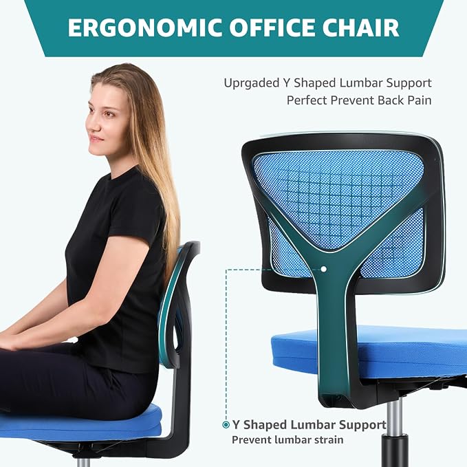 OLIXIS Armless Office Chair, Ergonomic Desk Chair with Wheels, Mesh Back, Removable Washable Foam Cushion, Height Adjustable Rolling Swivel Chairs for Small Space, Home, Office, Blue