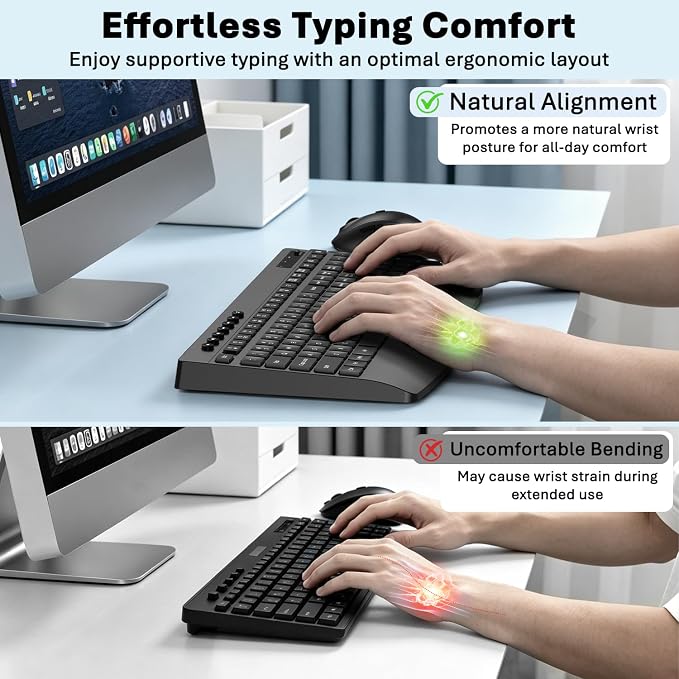 Wireless Keyboard and Mouse Combo, Full-Size Ergonomic Computer Set with Palm Rest, Lag-Free 2.4G USB Cordless Quiet Typing, Silent Click, Auto-Sleep for PC, Mac, Laptop, Windows (Black)