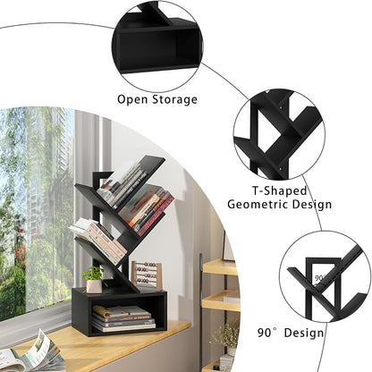 SHEEPAM Small Tree Book Shelf,5 Tier Black Tree Bookshelf,Black Desktop Bookcase,Modern Desk Display Storage Bookshelves,Floor Standing Organizer Bookcases for Living Room,Bedroom,Office