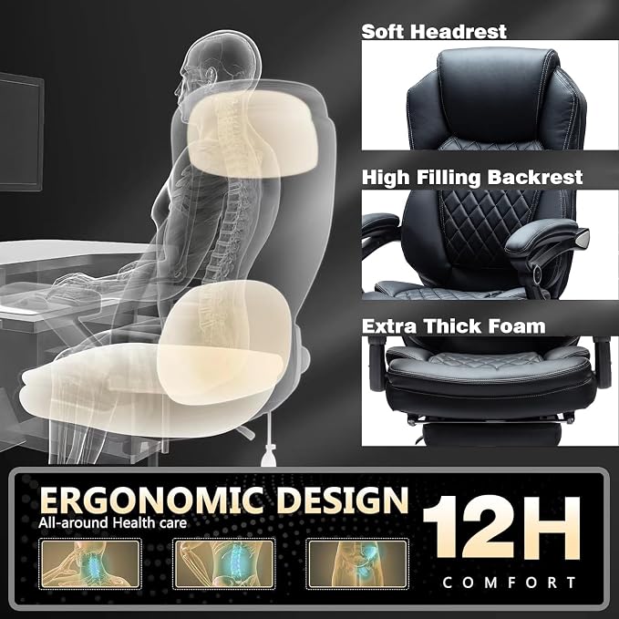 500lbs Reclining Office Desk Chair with Footrest, Managerial Executive Chair Lounge Chair for Office, Plus Size Black Leather Recliner Office Chairs