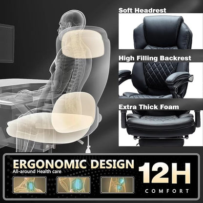 500lbs Reclining Office Desk Chair with Footrest, Managerial Executive Chair Lounge Chair for Office, Plus Size Black Leather Recliner Office Chairs