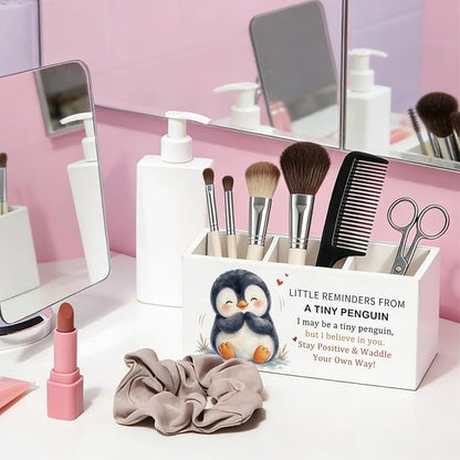 Positive Penguin Pen Pencil Holder Desk Accessories Gifts for Women | Cute Penguin Inspirational Pen Pencil Wooden Organizer Office Desk Accessories Decor for Dorm Room Bedroom Tabletop