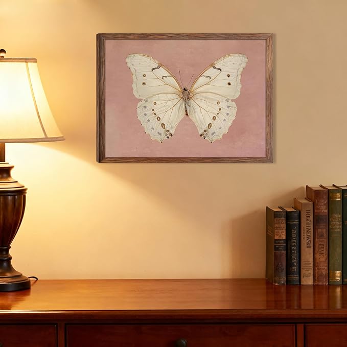 Framed Butterfly Canvas Wall Art, Pink Vintage Neutral Moody Insect Wall Decor Pictures, Antique White Moth Prints Paintings Aesthetic Posters for Living Room Bedroom Bathroom Office 8x10 Inch