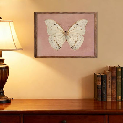 Framed Butterfly Canvas Wall Art, Pink Vintage Neutral Moody Insect Wall Decor Pictures, Antique White Moth Prints Paintings Aesthetic Posters for Living Room Bedroom Bathroom Office 8x10 Inch
