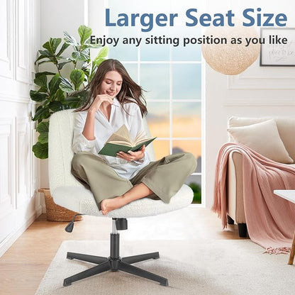 DUMOS Criss Cross Chair No Wheels, Cross Legged Office Desk Armless Vanity Chair Wide Seat, Height Adjustable Swivel Task Computer Chairs for Home Bedroom, Beige Teddy