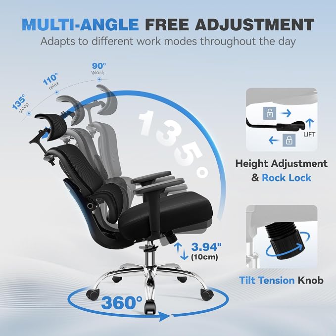 Ergonomic Office Chair, High Back Mesh Desk Chairs Comfy with Adjustable Lumbar Support, Home Computer Gaming Chair with 3D Headrest for Long Hours, 4 Pack