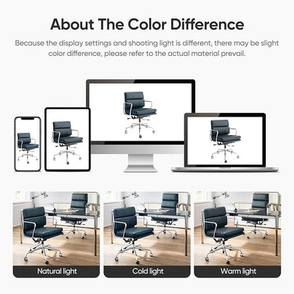 Mid-Back Genuine Leather Office Chair, Padded Executive Desk Chair with Aluminum Arms and Base, Swivel Wheels with Lumbar Support & Tilting Function, Hight Adjustable, Silent Weheels, Dark Blue