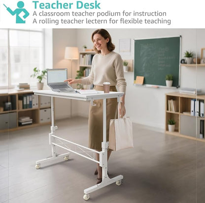 WINAZ Rolling Standing Desk with Wheels, 32" Adjustable Height Small Portable Teacher Desk for Classroom, Mobile Treadmill Walking Pad Table for Laptop, Compact White Home Office Workstation