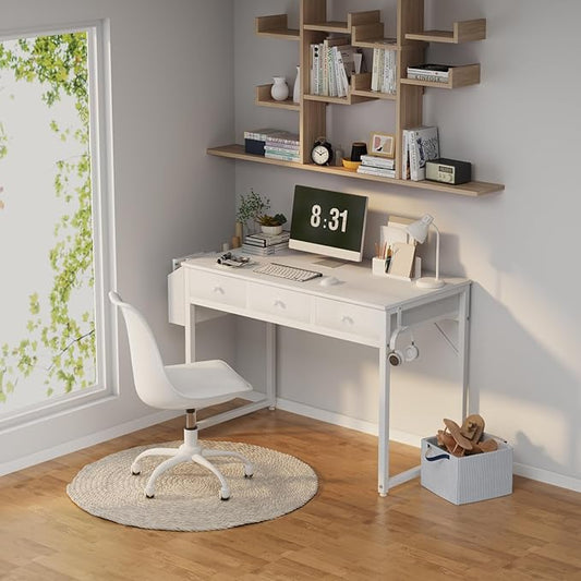 Lufeiya Small White Computer Desk with Drawers for Home Office Bedroom, 40 Inch Vanity Desk with Fabric Drawer Storage and Side Pouch, Study Writing Table, White