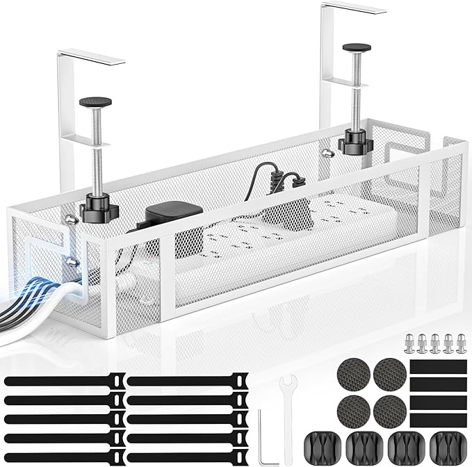 Under Desk Cable Management Tray, 15.75" No Drill Cable Management White, | Heavy Duty Metal Cord Organizer for Standing/Gaming Desk, Cable Management Under Desk Tray for Home and Office