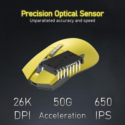 iRocks M31R Wireless Gaming Mouse, Triple Mode 2.4G/ Bluetooth/USB-C Detachable Cable Gaming Mouse, Kailh GM8.0 Switches, Advanced PixArt PAW3395 Optical Sensor, Up to 26,000 DPI - Lemon Yellow