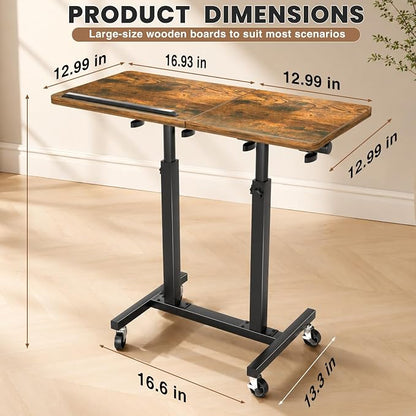 Elowen Double-Pole Portable Rolling Laptop Standing Desk with Wheels, Large-Size Tilting Overbed Bedside Table, Mobile Adjustable Height Computer Workstation for Office Home Use