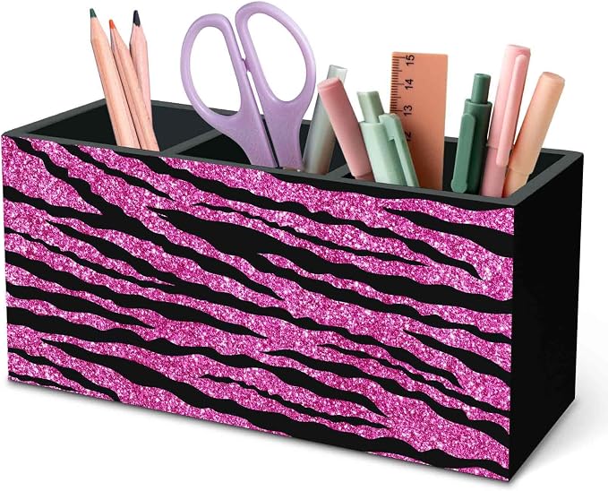 DILSJ Hot Pink Zebra Print Pen Pencil Holder Organizer for Desk, Mcbling Room Decor, Y2k Decor Mcbling Wooden Box Signs for Home Office Desk Tabletop Decoration