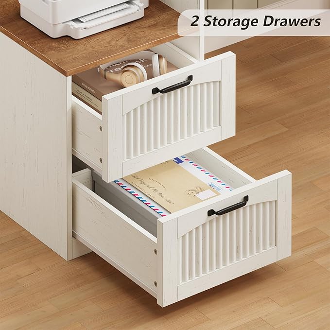 YOMILUVE 63" Farmhouse L Shaped Executive Desk with Drawers & Storage Shelf, Corner Fluted Computer Desk with Power Outlets, L Shaped Office Desk with Monitor Stand, Printer Shelf