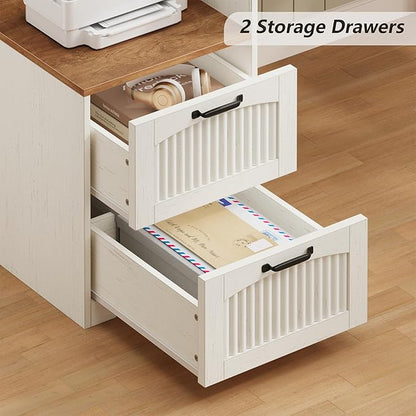 YOMILUVE 63" Farmhouse L Shaped Executive Desk with Drawers & Storage Shelf, Corner Fluted Computer Desk with Power Outlets, L Shaped Office Desk with Monitor Stand, Printer Shelf