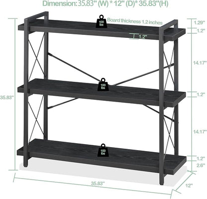 HCHQHS Bookshelf, 3-Tier Industrial Bookcase, Black Open Book Shelf, Freestanding Horizontal Bookshelves with Metal Frame