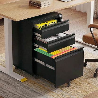 3 Drawer Under Desk Storage,Small File Cabinet with Lock,Filing Cabinet for Home Office,Mobile Metal Drawer Organizer for Letter/Legal/A4,Fully Assembled,Black