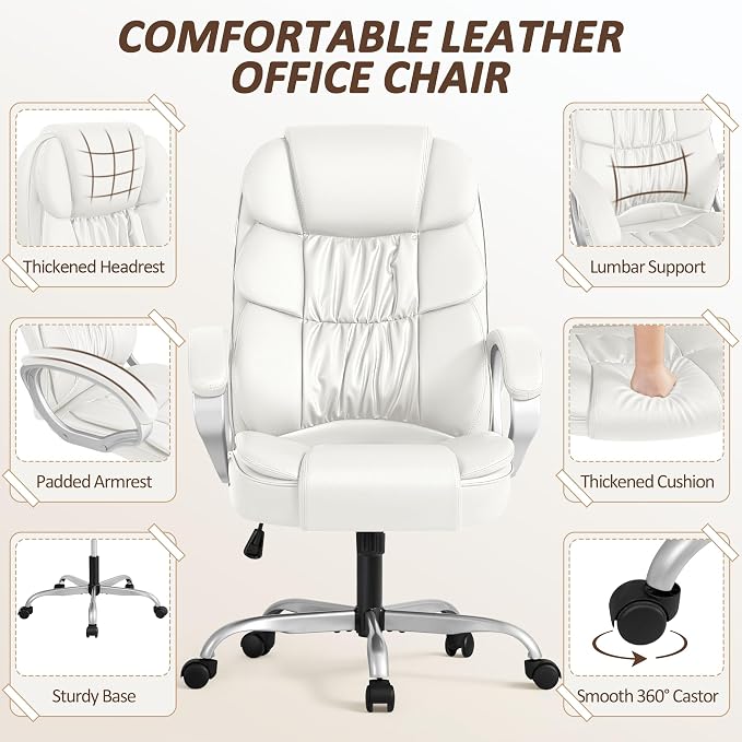 Homall Office Chair High Back Computer Desk Chair, PU Leather Adjustable Height Modern Executive Swivel Task with Padded Armrests and Lumbar Support (White)