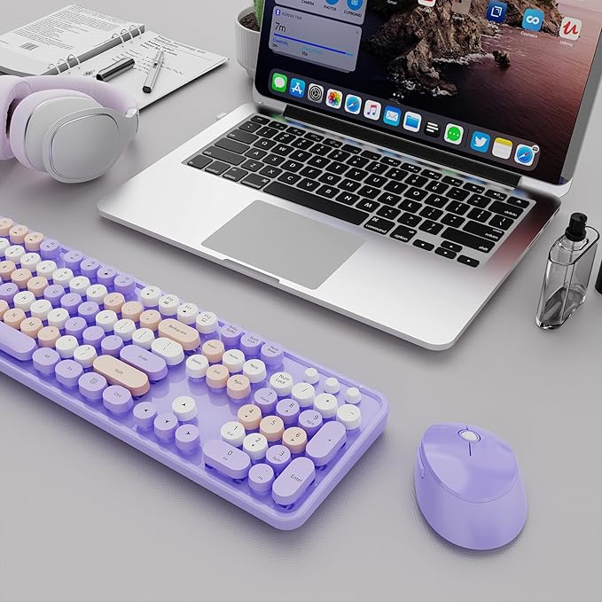 SkyGive Wireless Keyboard and Mouse Combo, Ergonomic Full Size Typewriter Retro Round Keycaps Keyboard, Compatible with Windows, PC, Perfer for Home and Office Keyboards (Purple