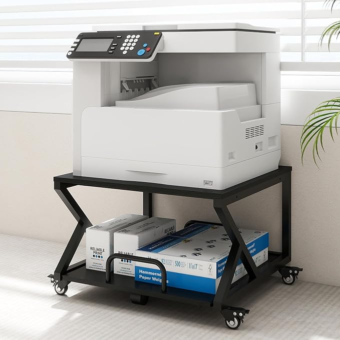 Natwind 2 Tier Printer Stand,23.6''x23.6'',with Pull Out Shelf,Black | Easy Reach for Lower Shelf Items,Rolling Printer Cart with Wheels,Fits Under Desk,Supports 205lbs,for Home Office Kitchen