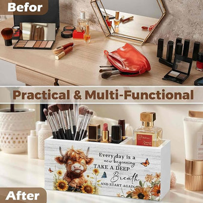 Motivational Highland Cow Pencil Pen Holder for Desk Organizer, Motivational Gifts, Farmhouse Highland Cow Nursery Wooden Box Decorations for Home Office Kids Room Desk Tabletop Decor