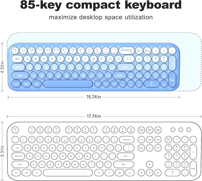Wireless Keyboard and Mouse Combo, Meidosa 2.4GHz Colorful Full-Size Retro Typewriter Keyboard with Cat Shape 3 Level Adjustable Optical Mouse for PC/Desktop/Laptop/Windows (Blue Gradient)