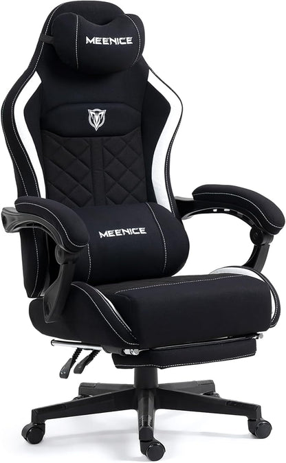 Big and Tall Gaming Chair Fabric with Pocket Spring Cushion, High Back Heavy Duty Gaming Chairs for Adults with Massage Lumbar Support, Ergonomic Computer Chair with Footrest for 400LBS Black