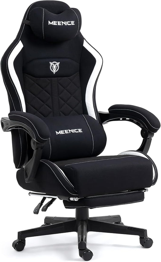 Big and Tall Gaming Chair Fabric with Pocket Spring Cushion, High Back Heavy Duty Gaming Chairs for Adults with Massage Lumbar Support, Ergonomic Computer Chair with Footrest for 400LBS Black