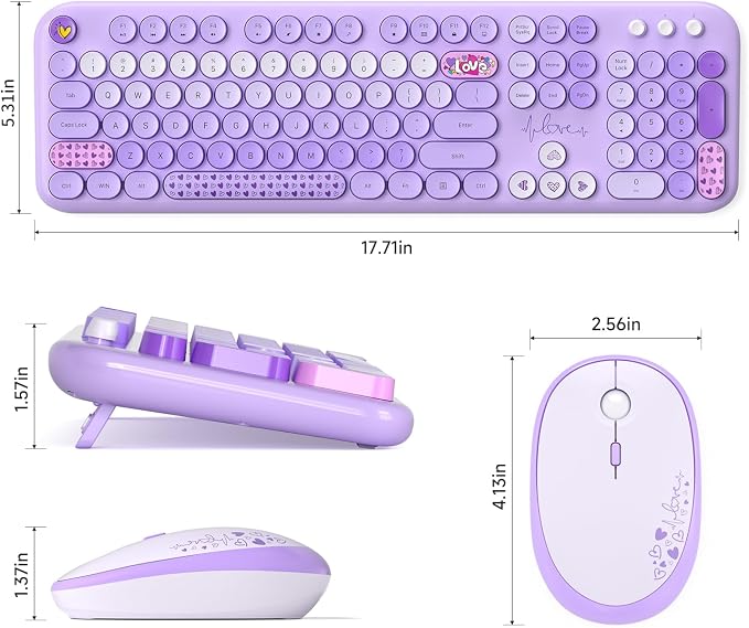 Dilter Wireless Keyboard and Mouse Combo, Full Size Retro Keyboard with Number Pad and 2 in 1 USB Connected Mouse for Windows 7/8/10, Laptop, Desktop, PC, Computer (Purple Colorful)