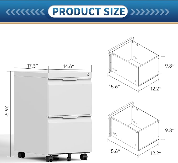 File Cabinet 2 Drawers on Wheels Under Desk,Locking Filing Cabinets for Home Office,Metal Vertical Files Drawers,Small Rolling Cabinet Printer Stand for Legal/Letter/A4( Assembly Required-White)