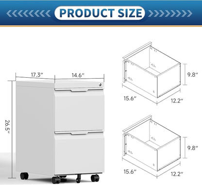 File Cabinet 2 Drawers on Wheels Under Desk,Locking Filing Cabinets for Home Office,Metal Vertical Files Drawers,Small Rolling Cabinet Printer Stand for Legal/Letter/A4( Assembly Required-White)
