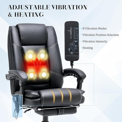 HOMREST Executive Office Chair, Black | Heat and Massage, High-Back PU Leather, Ergonomic with Retractable Footrest, Link Armrests, Reclining Computer Chair