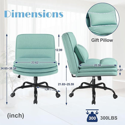 Furmax Criss Cross Legged Office Chair with Wheels, Armless Extra Wide Seat Swivel Desk Chair, Adjustable Height Comfy Task Chair with Thick Cushion for Home Office Bedroom Vanity (Fabric, Green)